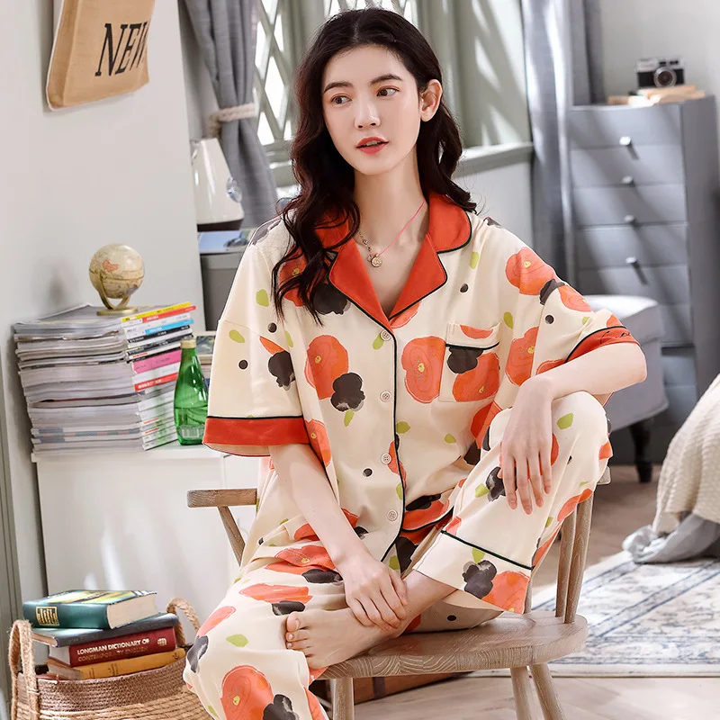 

Pajamas Women Summer 100% Cotton Short-Sleeved Home Service Cardigan Trousers Suit 4XL Plus Size Female Sleep Tops Sleepwear