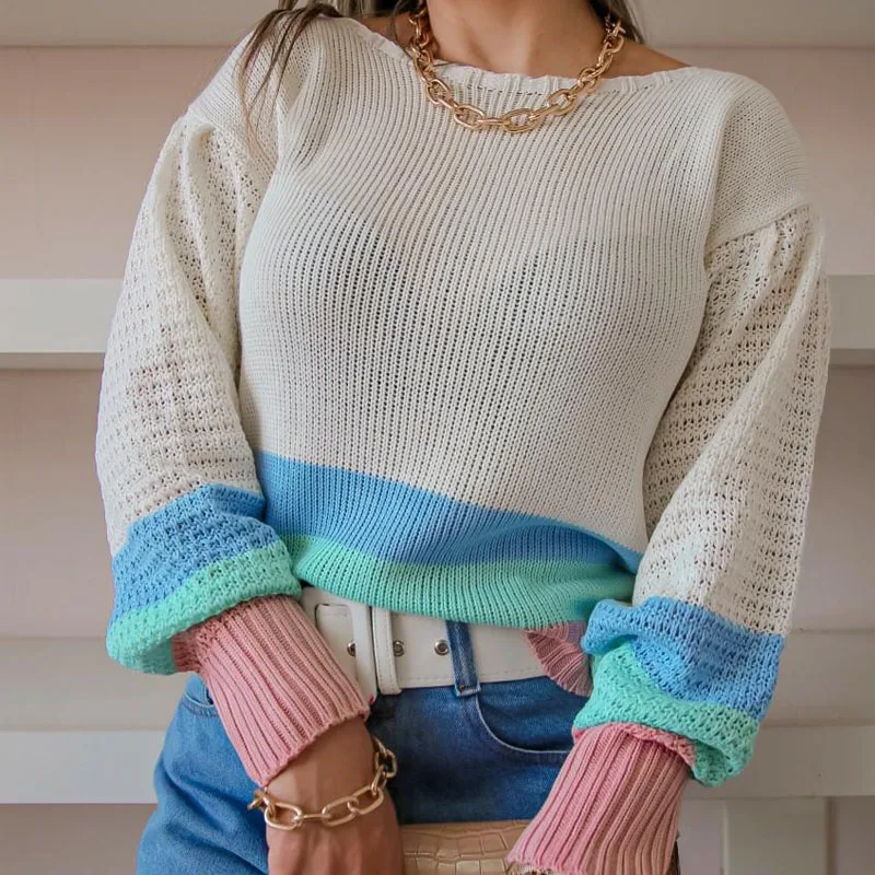 

Autumn Winter New Casual Long Sleeved Pullover Jumper Elegant O-Neck Women Knitted Sweater Fashion Solid Stitching Loose Sweater