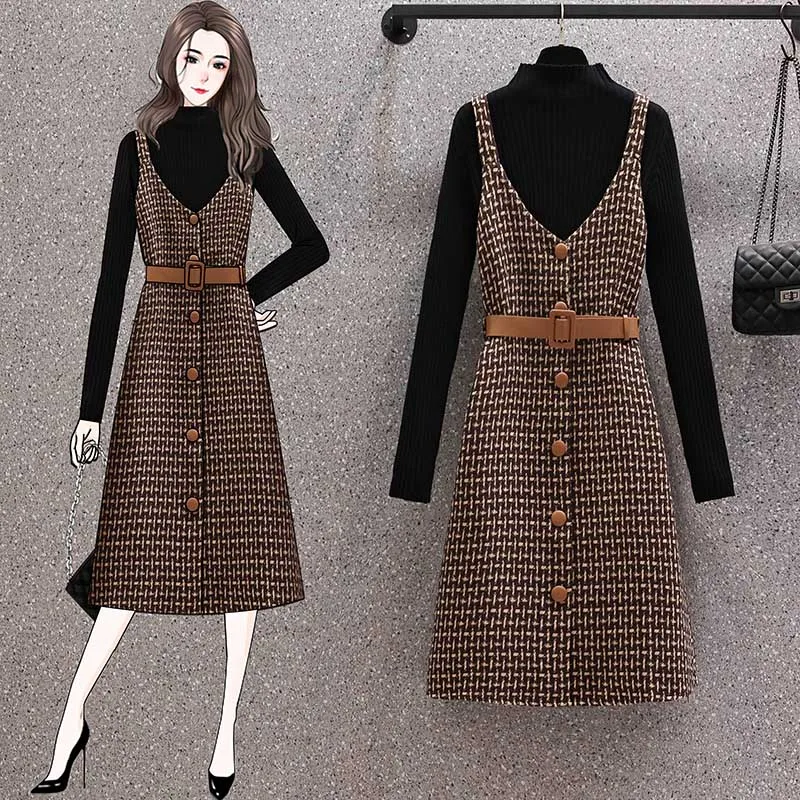 

Two Piece Dress Women Autumn Winter Sweater Wool Knee Length Dresses With Belt Plus Size Elegant Party Dress Vestidos