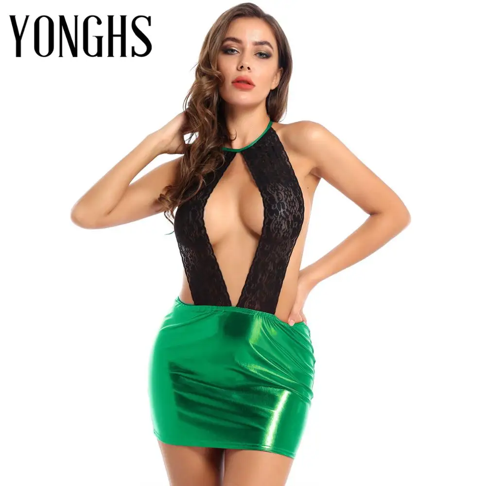 

Женское эротическое сексуальное кружевное платье для секса, металлическая лакированная кожа, со шнуровкой, с лямкой на шее, юбка для выступ...