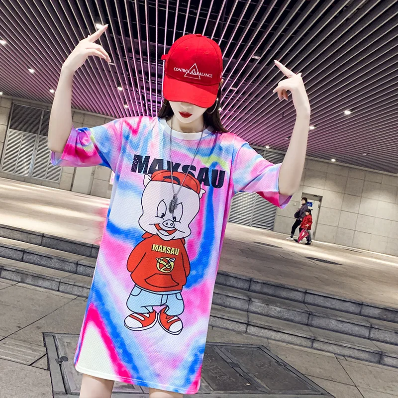 

2021 Summer New Street Style Plus Size Thin T-shirt Dress Korean Casual Elastic Letter Piglet Round Neck Women Top Free Shipping