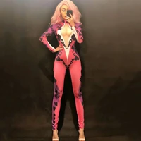 sparkling rhinestones pink jumpsuit sexy heart pattern printing rompers women party evening costume club stage dance wear
