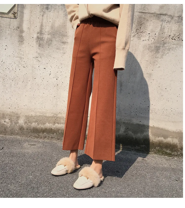 

Woolen Wide-Leg Pants Women Winter Loose Pants Cropped High Waist Woolen Draping Straight Pants