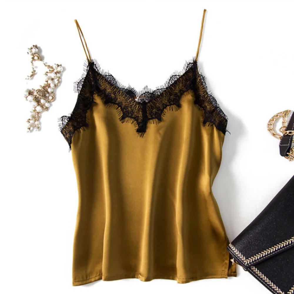 100% silk sexy shirts lace satin womens tops summer clothes for women clothing fashion ladies tanks tank top camis cute crop y2k