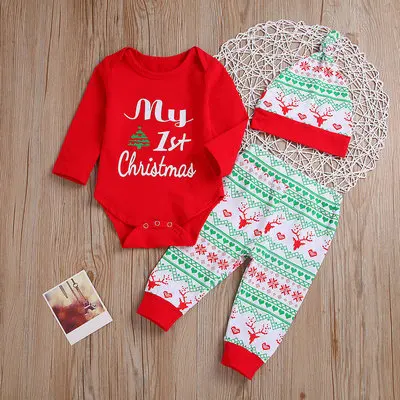 С надписью My First Christmas для маленьких девочек 3 шт./компл. повязка на голову с бантом+ футболка с длинным рукавом белый комбинезон с оленем+ блестящие красные штаны 1st Рождественская одежда наряды - Цвет: as per picture