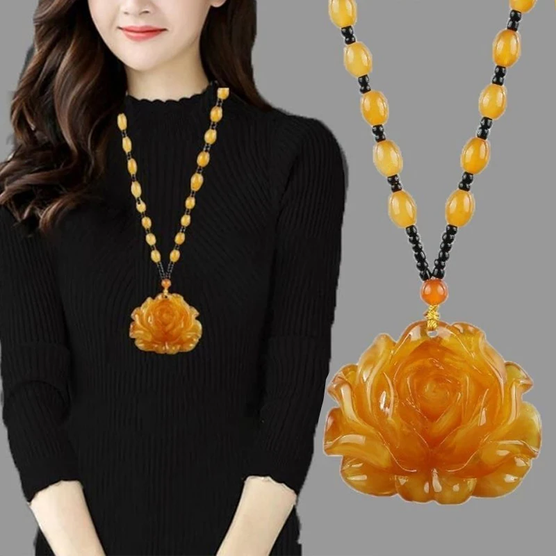 Новинка Янтарное ожерелье с подвеской капли воды цветы тыква листья женские