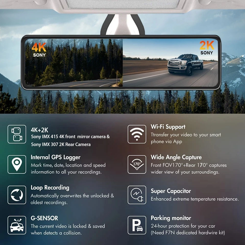 Автомобильный видеорегистратор 4K 3840*2160P 12-дюймовый WIFI GPS Sony IMX415 зеркало заднего