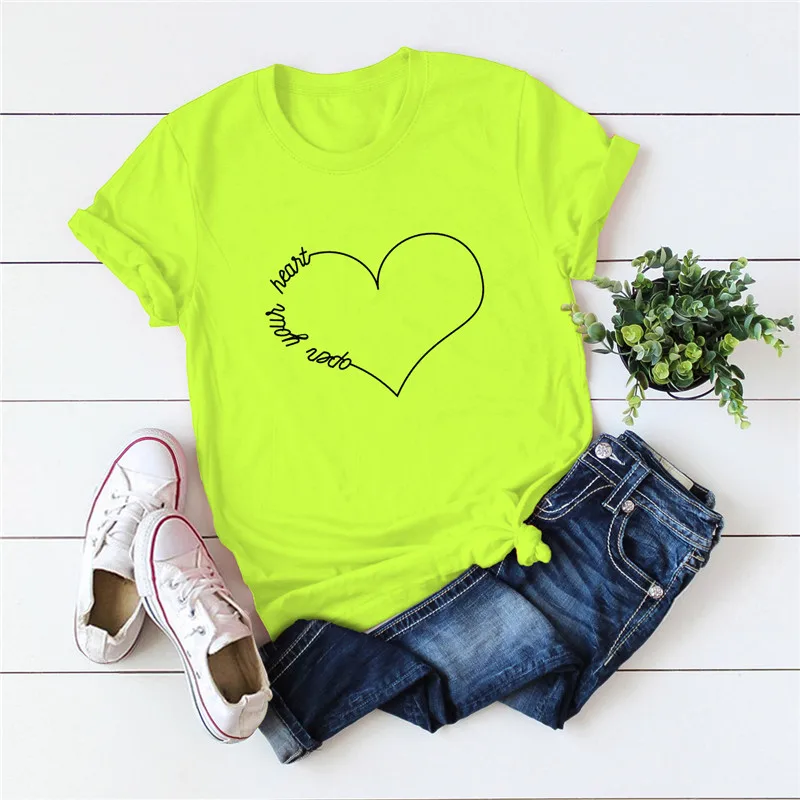 

Summer Plus Size T-Shirt Women New Heart Letter Print T Shirt Women Shirts O Neck Short Sleeve Tees 100%Cotton Top Woman Tshirts