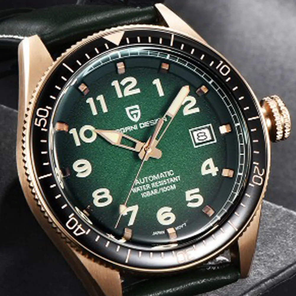 Часы Pagani design Мужские механические с зеленым циферблатом светящиеся