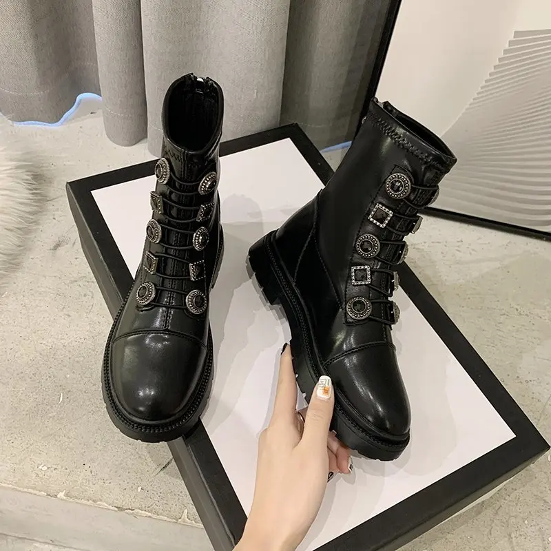 

Женские зимние ботинки, модные теплые ботинки из искусственной кожи на молнии, до середины икры, с круглым носком, на высоком каблуке, Zapatos De ...