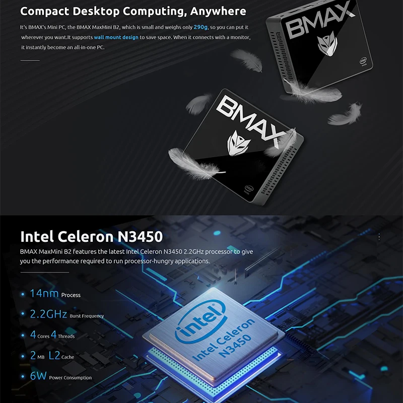 Мини ПК BMAX B2 портативный настольный мини Intel Celeron N3450 8 Гб LPDDR4 128 SSD HD Graphics 500 ПК|Мини
