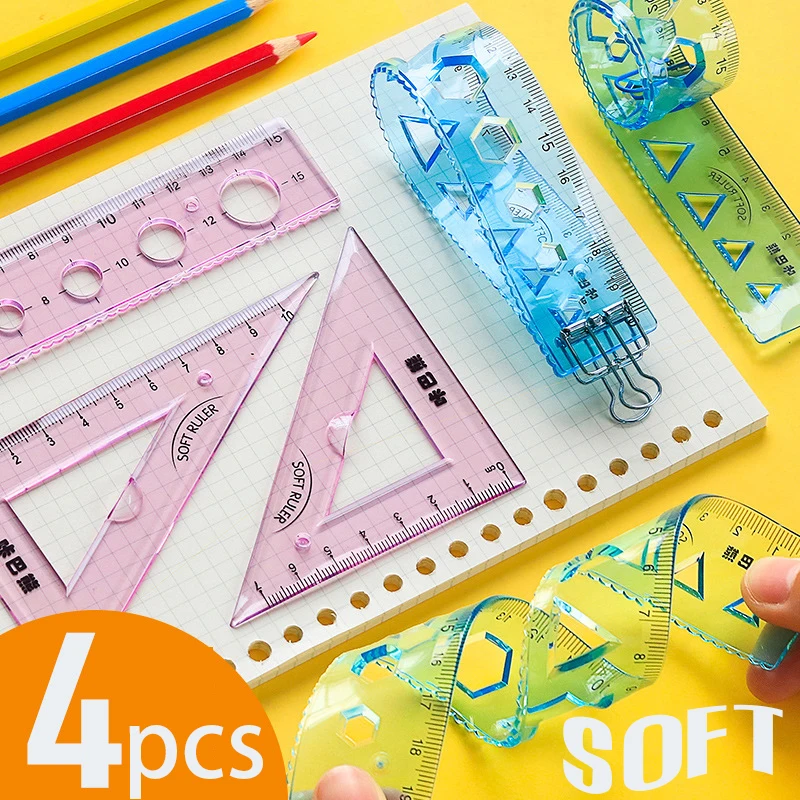 

4Pcs/Set Soft Flexible Geometry Ruler Set Maths Drawing compass stationery Rulers Protractor mathematical compasses