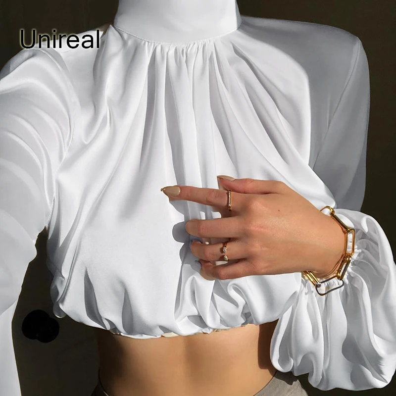 

Женская атласная блузка Unireal, короткая, с длинным рукавом, белая, в уличном стиле, лето 2021