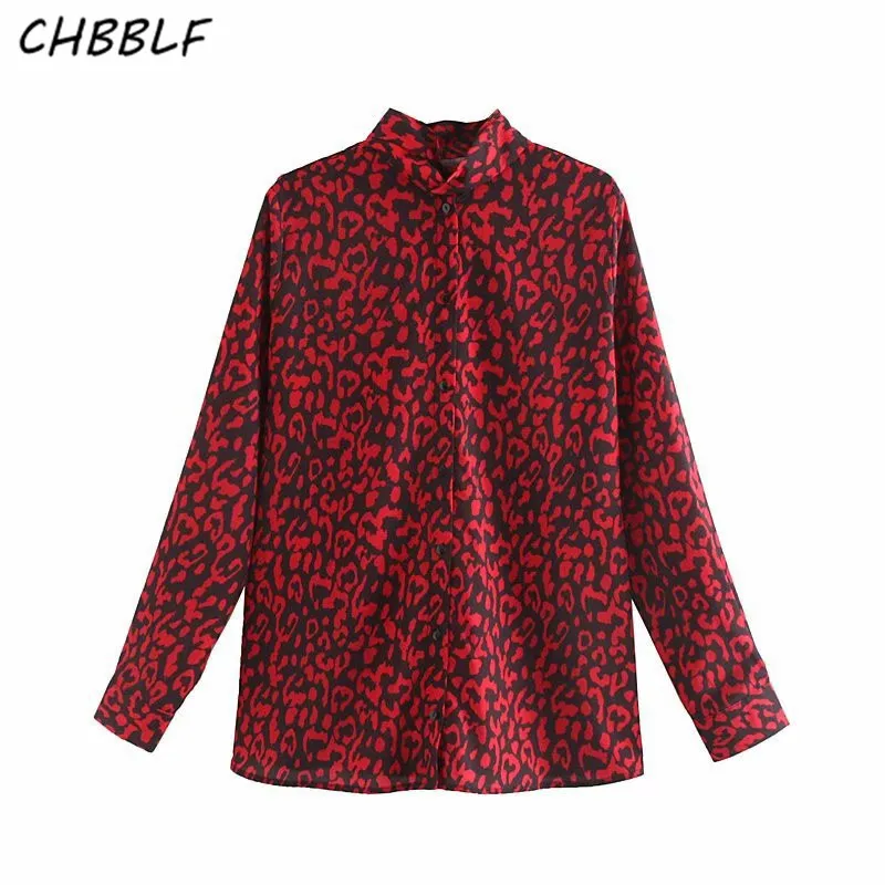 CHBBLF Женская стильная красная леопардовая блузка с галстуком-бабочкой и длинным