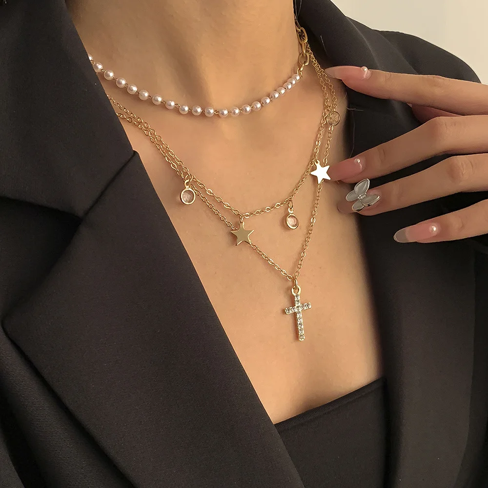 

Trend Kpop Multilayer Crystal Cross Pendant Necklace Gold Metal Star Imitation Pearl Choker Necklace For Women Charm Jewelry