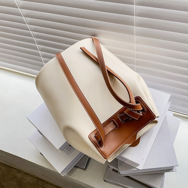 

Drawstring Contrast color Bucket bag 2021 New Quality PU Leather Women's Designer Handbag High capacity Shoulder Messenger Bag