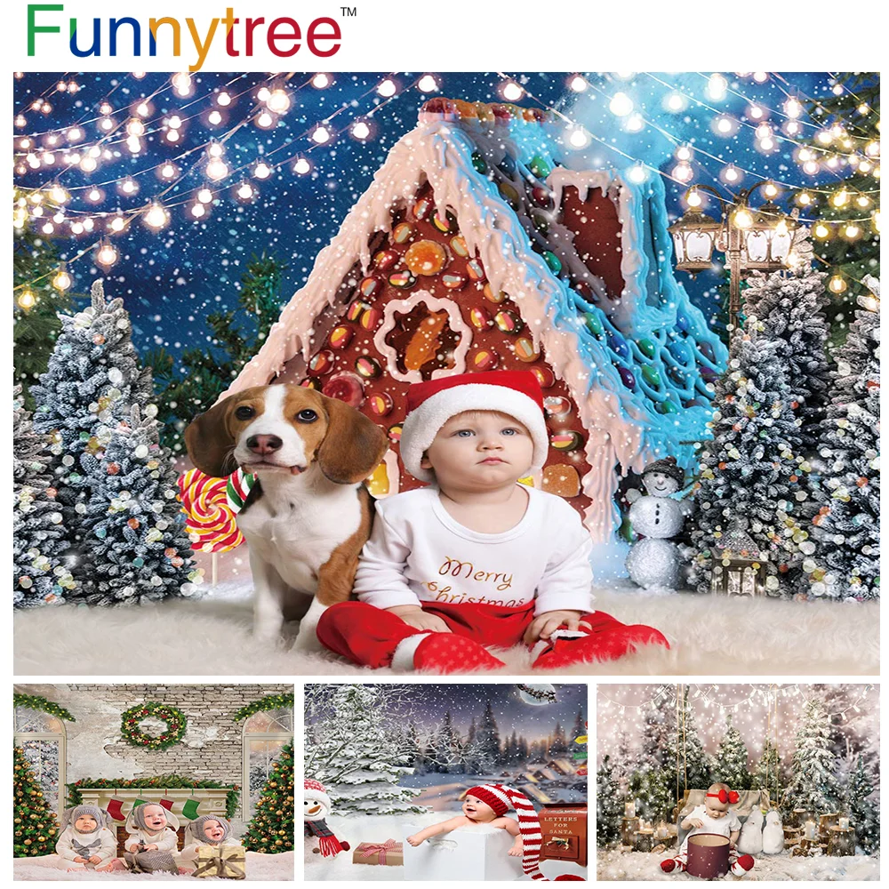 

Funnytree Winter Christmas Decoration Snow Scene Sugar Gingerbread House Party Backdrop Trees Snowman Photobooth Background