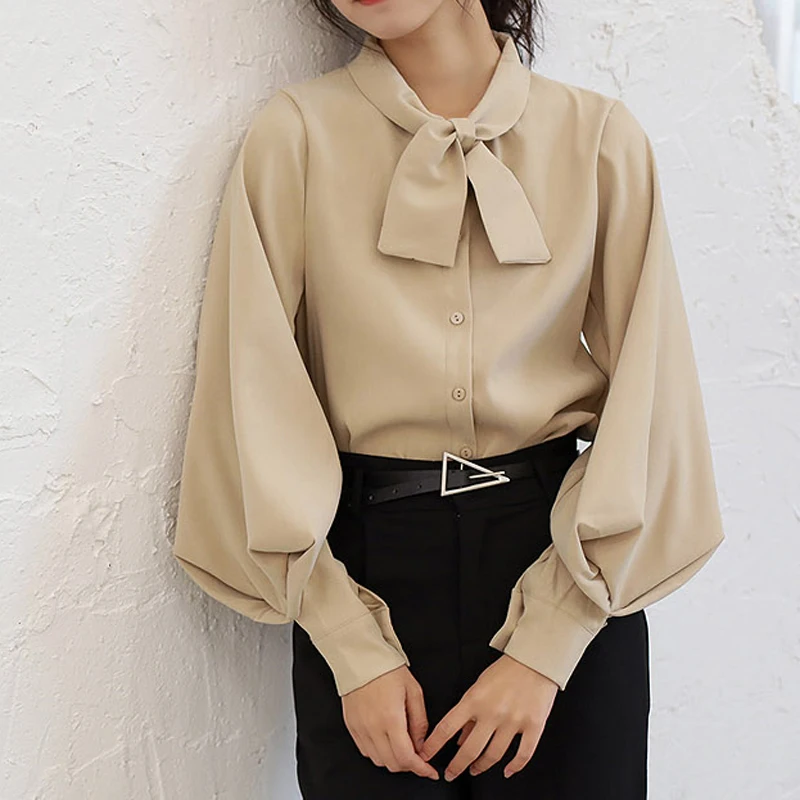 

BGTEEVER Bow Neck Lantern Sleeve Women Blouse Shirts Single-breasted Casual Solid Shirts Tops Female Blusas Mujer 2020 Spring