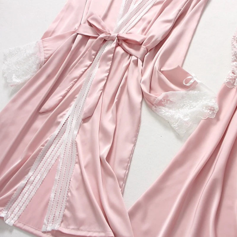 

Sexy Silk Satin Nightgown Set Female Lace Lingerie Robe & Gown Sets Night Dress Set Sleepwear Autumn Winter Home Wear nightwear