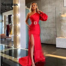 Sumnu – robe de soirée en Satin rouge, asymétrique épaule dénudée, manches longues, fente haute, longue, robes de fête formelles  (3)