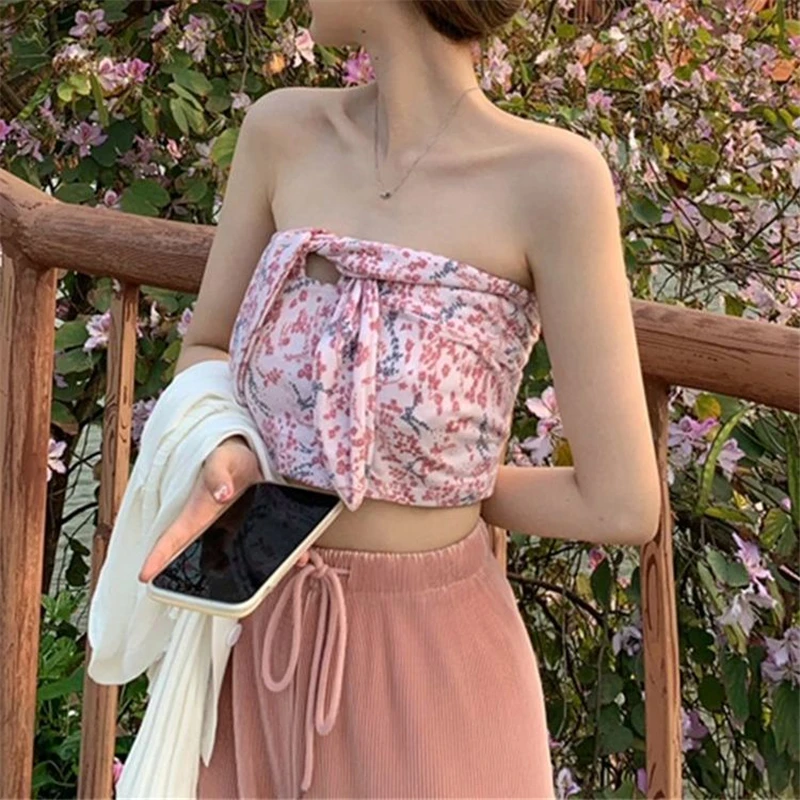 

Women Boob Tube Top Summer Sexy Girls Tieback Pink Flowers Ins Fashion 2021 Short Strapless Frown Daily Street Snap