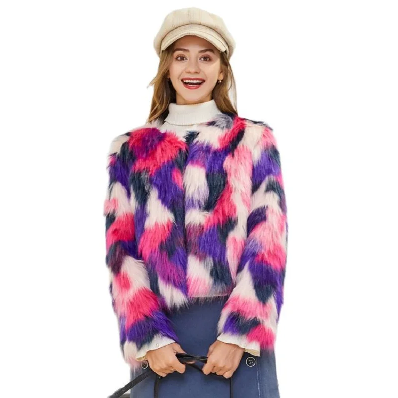 

New Fashion Colorful Camouflage Faux Fox Fur Jacket Women Short Fall & Winter Plush Cardigan Coat