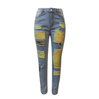 women fashion button ripped yarn long skinny pants streetwear trousers jeans