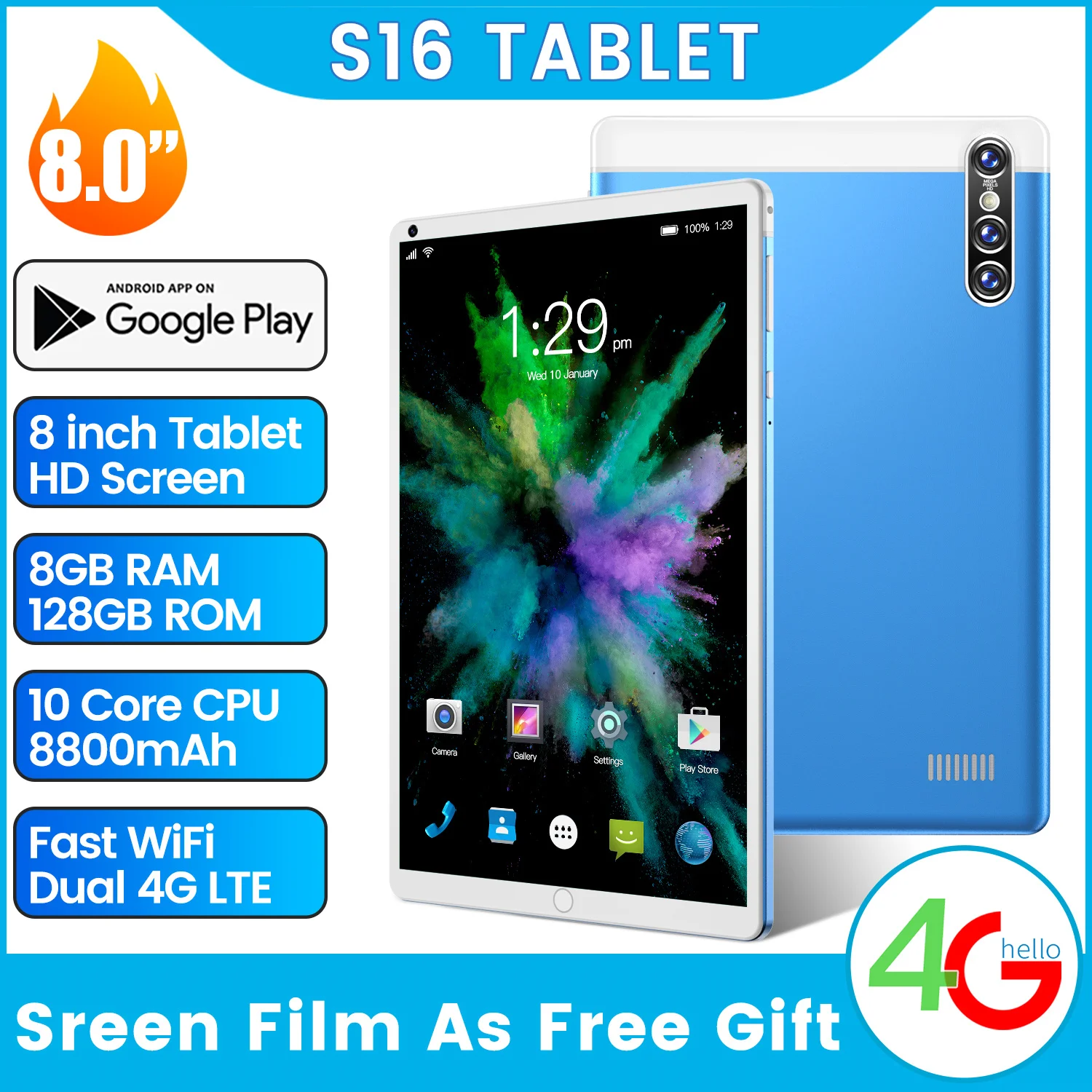

Global Version S16 Tablet 8.0Inch Full Screen 12+256GB Smartphone 4G 8MP+13MP MT6797 10 Core 8800MAH Android10 GPS Gaming Office