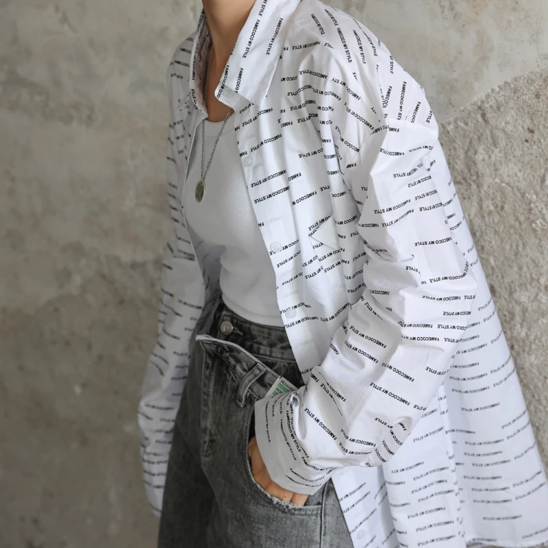 

SHENGPALAE simple letter shirt women's summer 2021 new laple loose single breasted long sleeve thin shirt female fashion 5C781