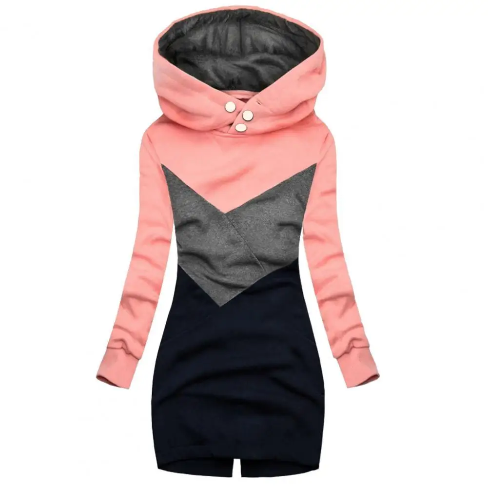 

Women Autumn Winter Stitching Pullover Round Neck Button Hoodie Sweater Coat