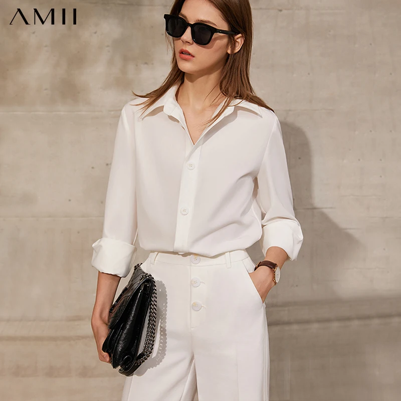 

Amii Minimalism Spring Offical Lady Women's Blouse Causal Solid Loose Women's Shirt Tops Solid Buttons Women's Pants 12130055