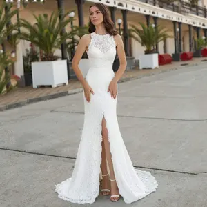 Elegant Lace Applique Halter Mermaid Wedding Dresses 2022 For Women Custom  Sexy Front Slit Backless