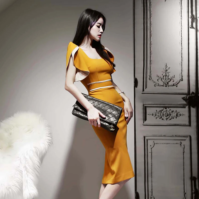 Новое весенне летнее женское сексуальное обтягивающее платье с оборками