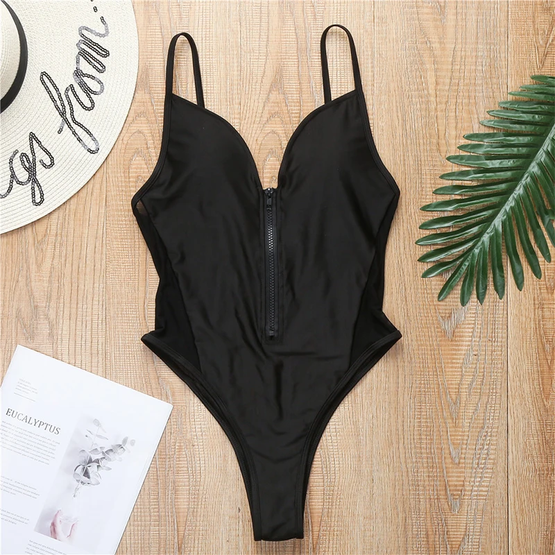 

Women New Mesh Semi Sheer Sexy Front Zip Closure V Neck High Leg One Piece Bikini Set In Black
