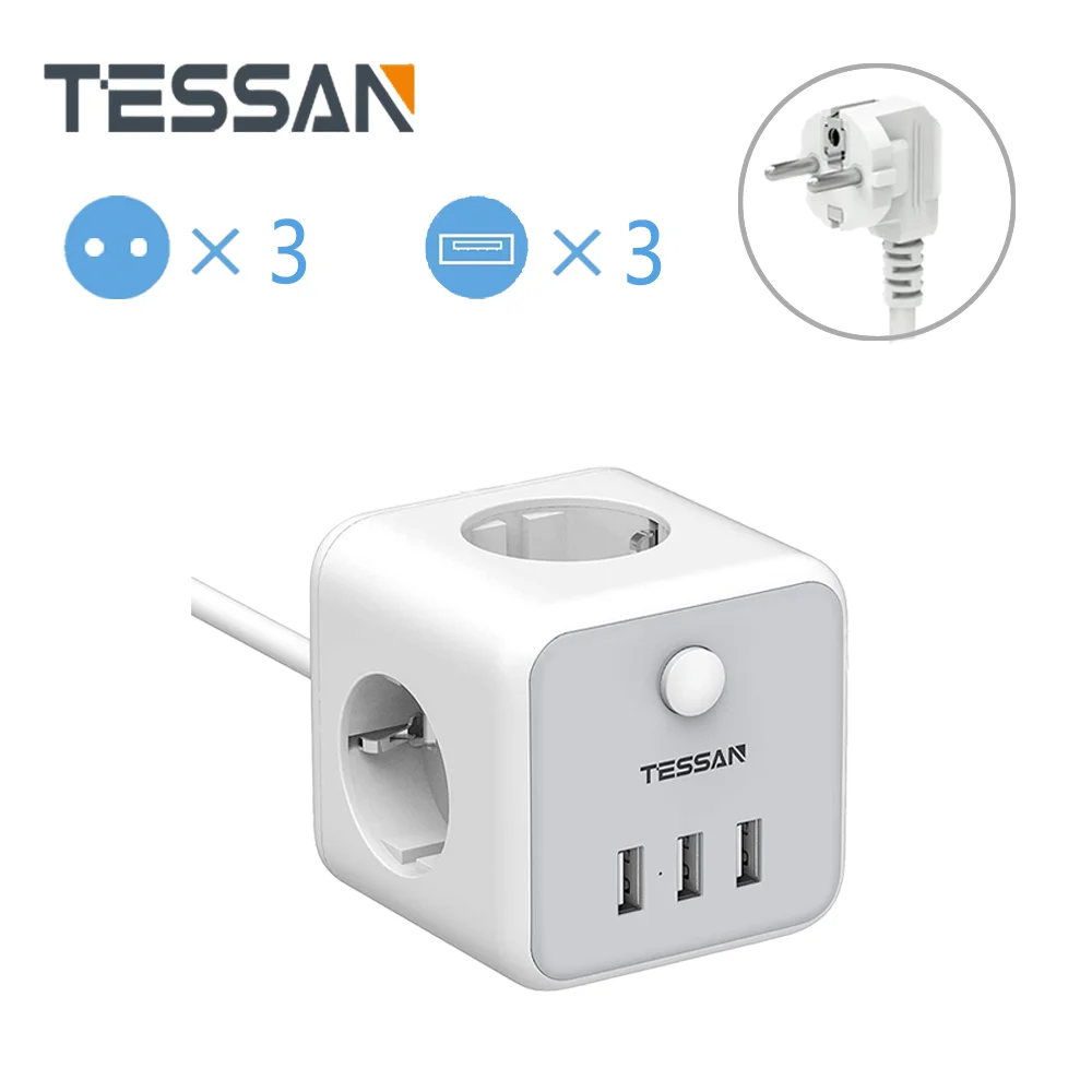 TESSAN ЕС розетка с 3 розетки Порты USB 1 5 м/5ft удлинитель переключателем &quotВКЛ/ВЫКЛ&quot