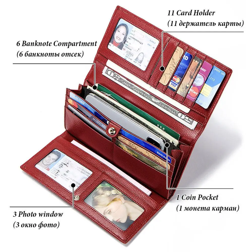 Длинный кошелек из коровьей кожи для женщин модный бумажник с RFID-защитой