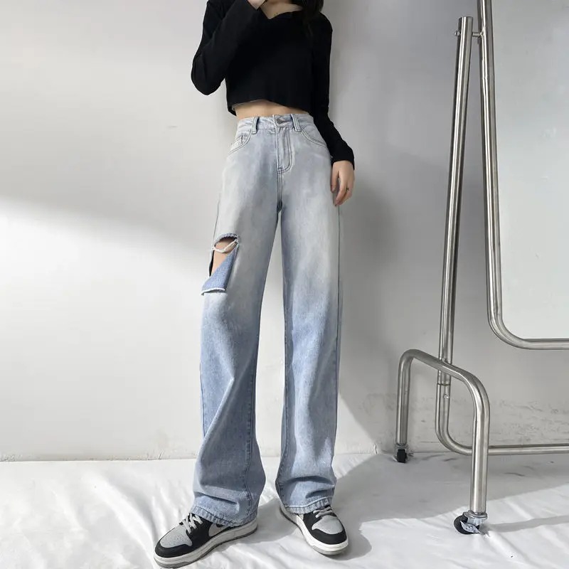

Hole jeans women's summer small tall waist straight tube loose tapered wide leg mop pants
