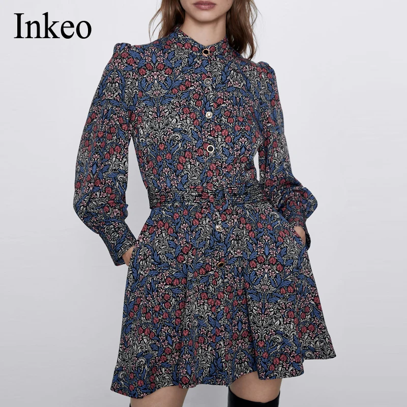 Платье мини женское ТРАПЕЦИЕВИДНОЕ с цветочным принтом и рукавами