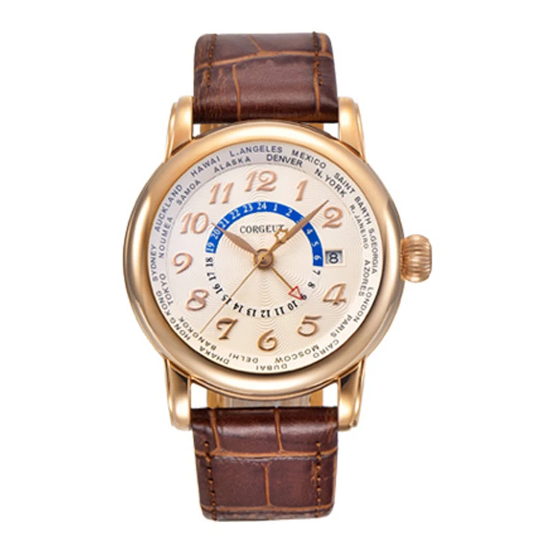 Часы мужские механические с кожаным ремешком и двумя часовыми поясами 43