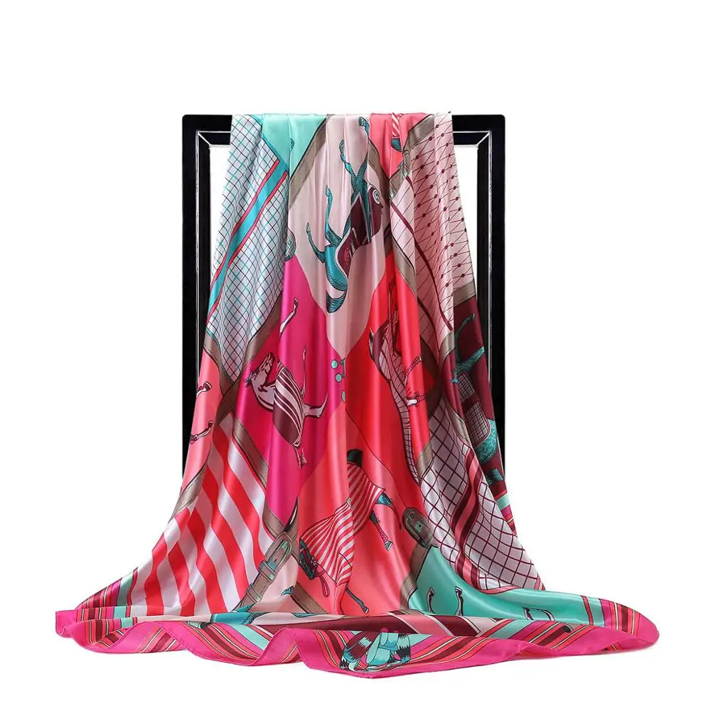 Women Scarf Silk Shawls Fashion Horse Printed Square Foulard Satin Sjaal bandana Handkerchief Big Size 90*90cm Head Scarves | Аксессуары