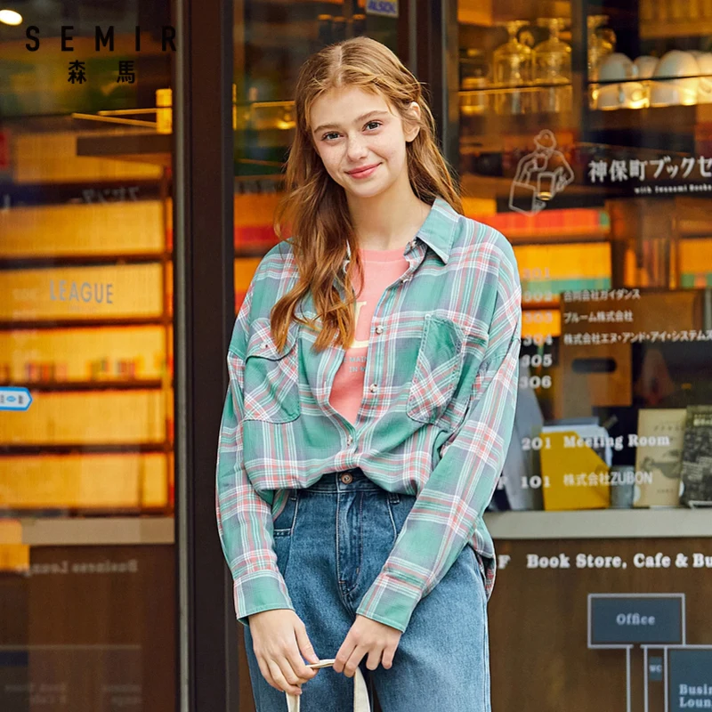 Женская клетчатая блузка SEMIR удобная рубашка из чистого хлопка с длинным рукавом