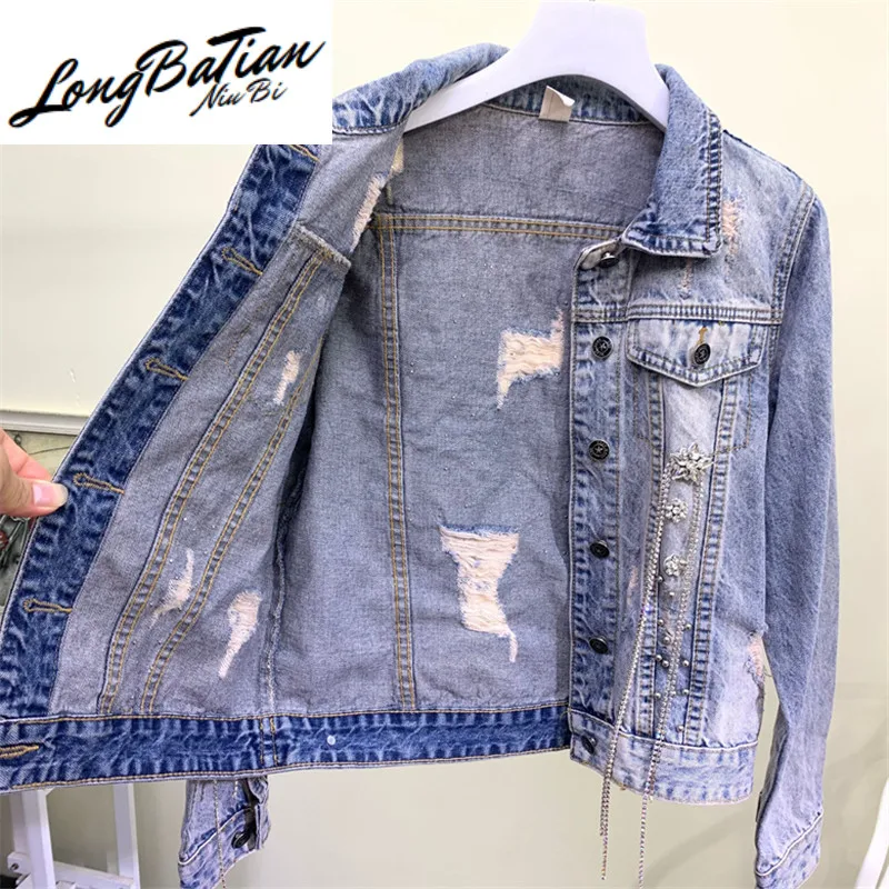 

Spring Autumn New Hole Beading Patch Design Denim Women Outerwear Chaqueta Mujer Korean Fashion Short Jeans Jacket Female