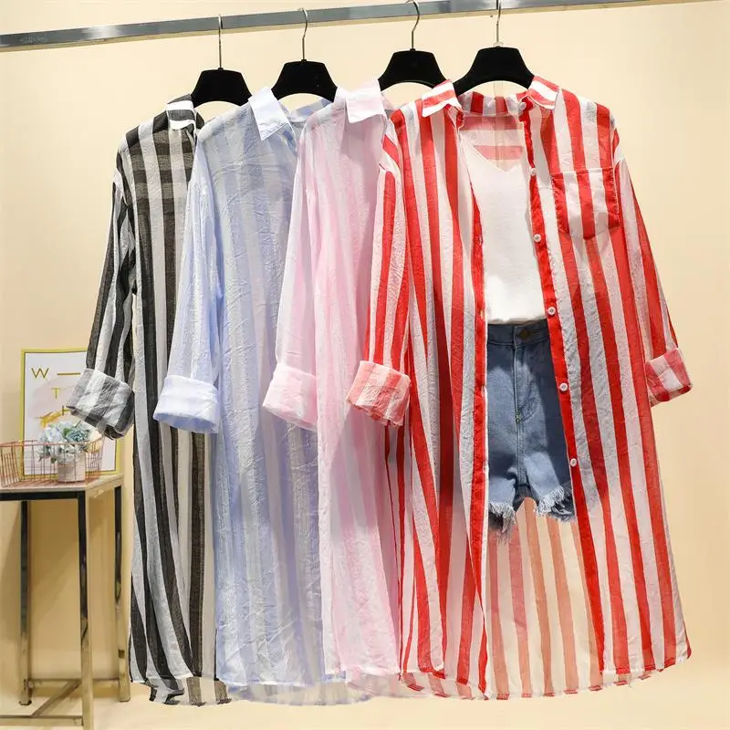 TingYiLi рубашка в полоску с длинными рукавами черный розовый красный синий летний