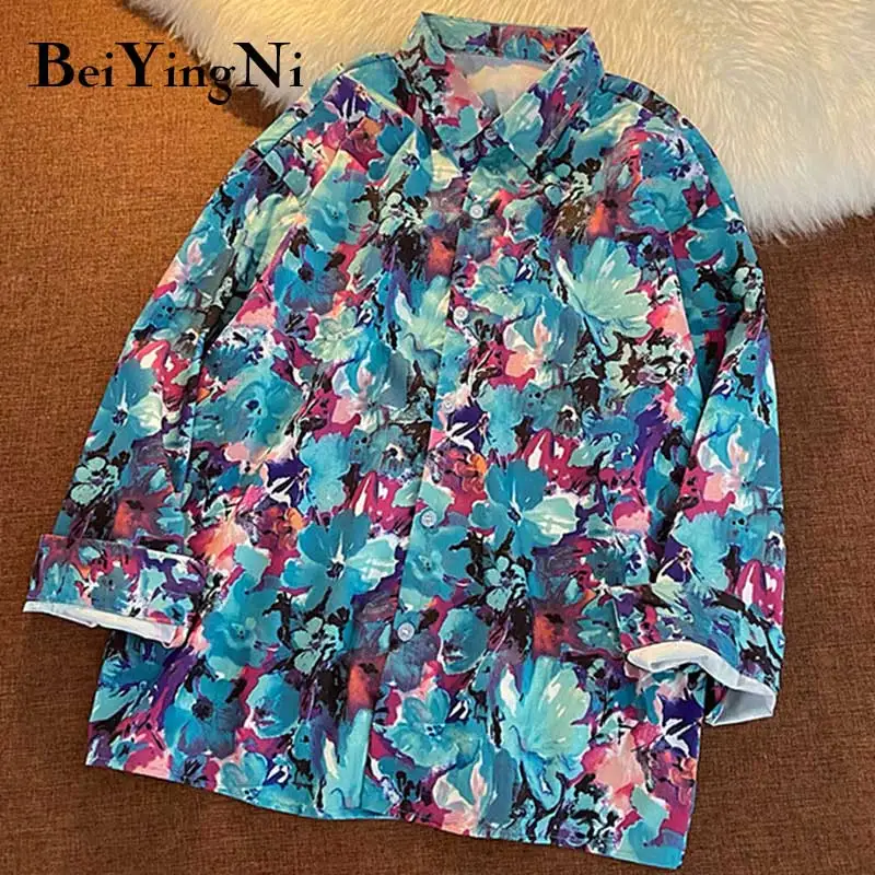 

Beiyingni Casual Loose Tops Female Long Sleeve Floral Printed Vintage Shirts for Woman Oversized Blouses Girls Kawaii Clothing