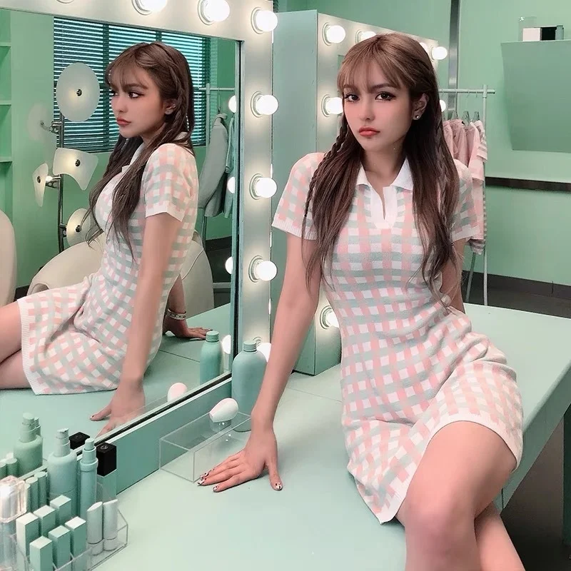 Платья Новинка лета 2021 ретро французское платье поло с воротником клетчатое