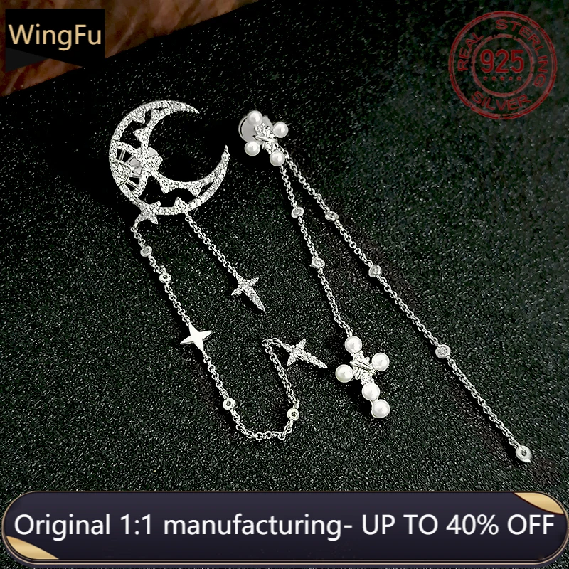 

s925 sterling silver women silver moon-shaped zircon inlaid natural pearl tassel earrings luxury fashion monaco jewelry gift