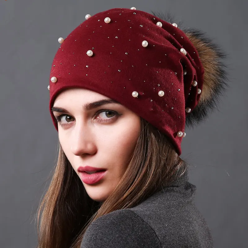 New Women's Pearls Beanies Winter Causal Solid Rhinestone Pearl Slouchy Beanies Hat with Raccoon Fur Pompom Femme Black Cap