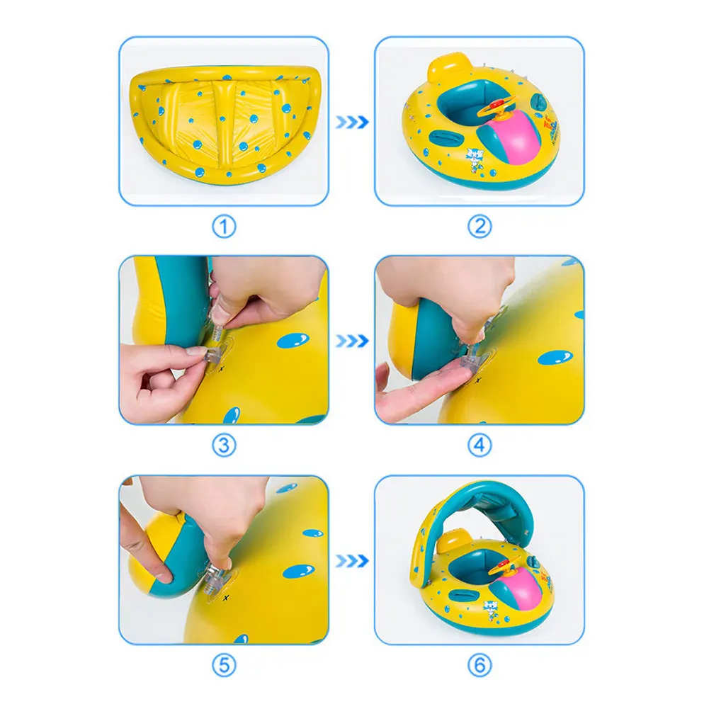 

With Canopy Anti Flip Baby Pool Float Summer Sun Protection Cute Water Toy Inflatable SPF 50+ Double-layer PVC Floating Board