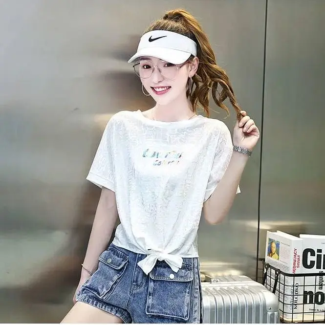 

Ice Silk Reflective Short-sleeved T-shirt Women's Summer Dress 2021 New Loose Korean White T Tide Hem Knotted Clothes