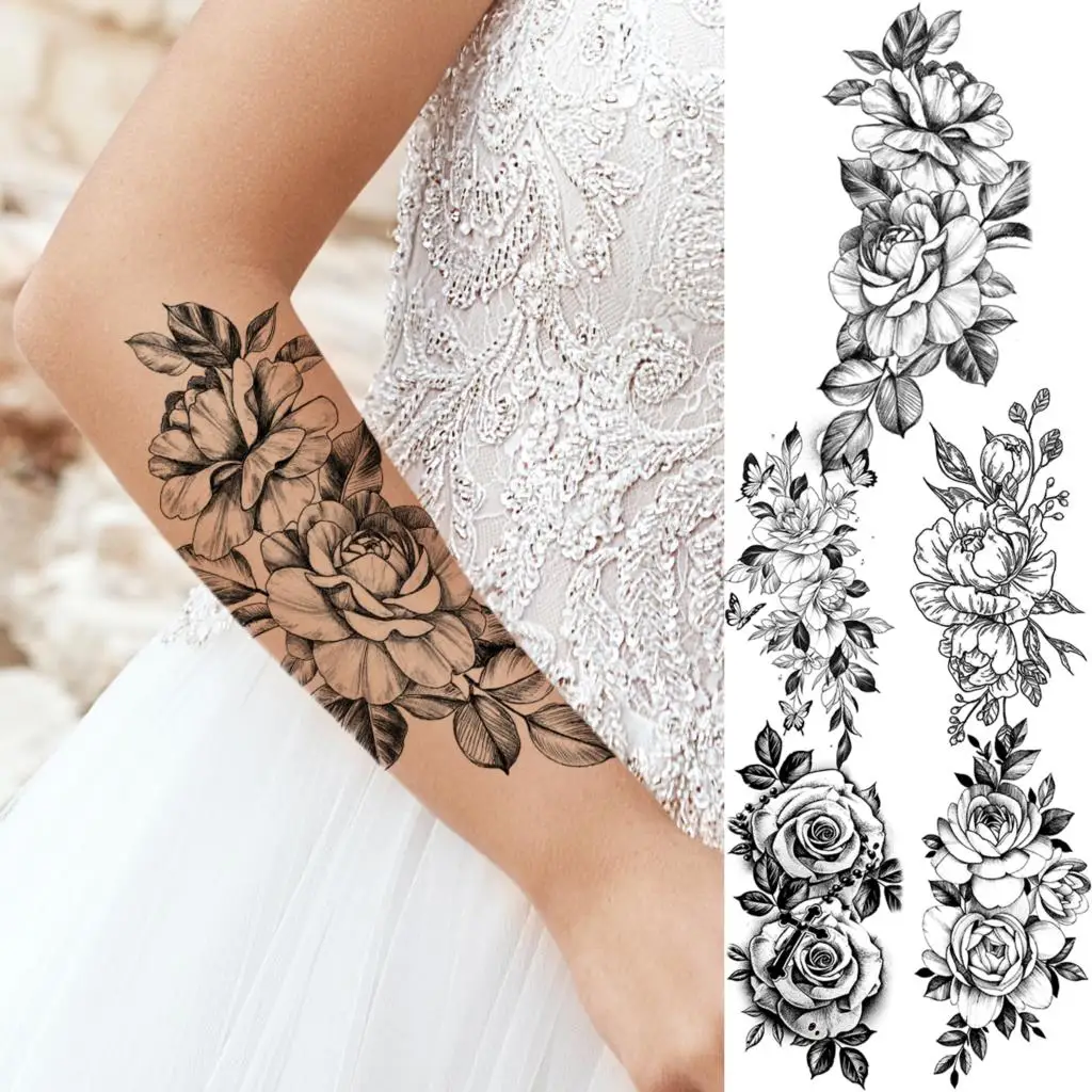 Realistic Rose Flower Fashion Arm Temporary Tattoos For Women Adult Peony Dahlia Butterfly Fake Tattoo Body Art Washable Tatoos | Красота и